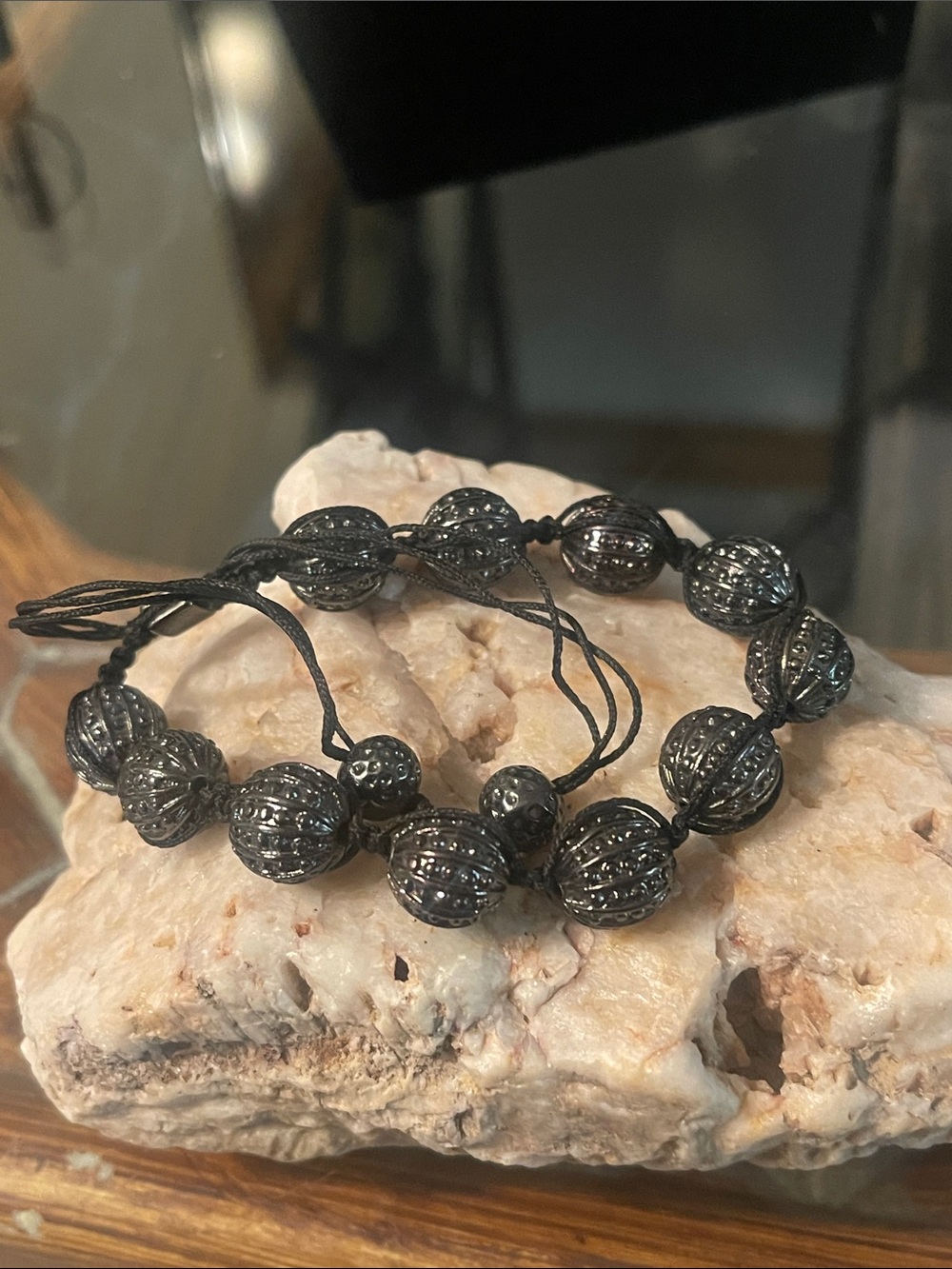 Black Beaded Adjustable Women's Bracelet - Elegant Hematite Finish